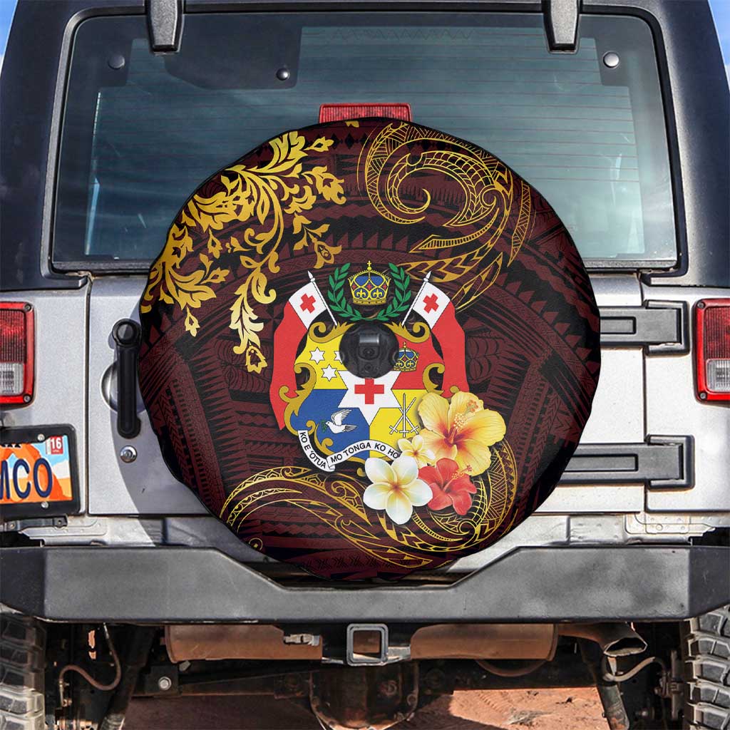 Tonga Ngatu and Hibiscus with Polynesian Tattoo Spare Tire Cover Gold and Oxblood Color LT03 Oxblood - Polynesian Pride