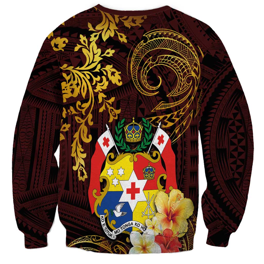 Tonga Ngatu and Hibiscus with Polynesian Tattoo Sweatshirt Gold and Oxblood Color LT03 - Polynesian Pride