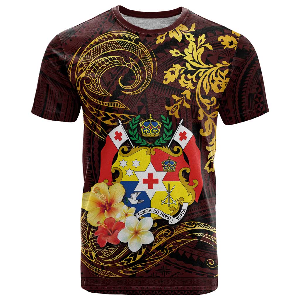 Tonga Ngatu and Hibiscus with Polynesian Tattoo T Shirt Gold and Oxblood Color