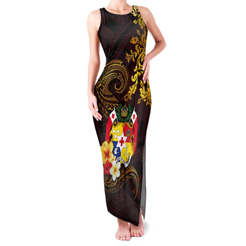 Tonga Ngatu and Hibiscus with Polynesian Tattoo Tank Maxi Dress Gold and Oxblood Color LT03 Women Oxblood - Polynesian Pride