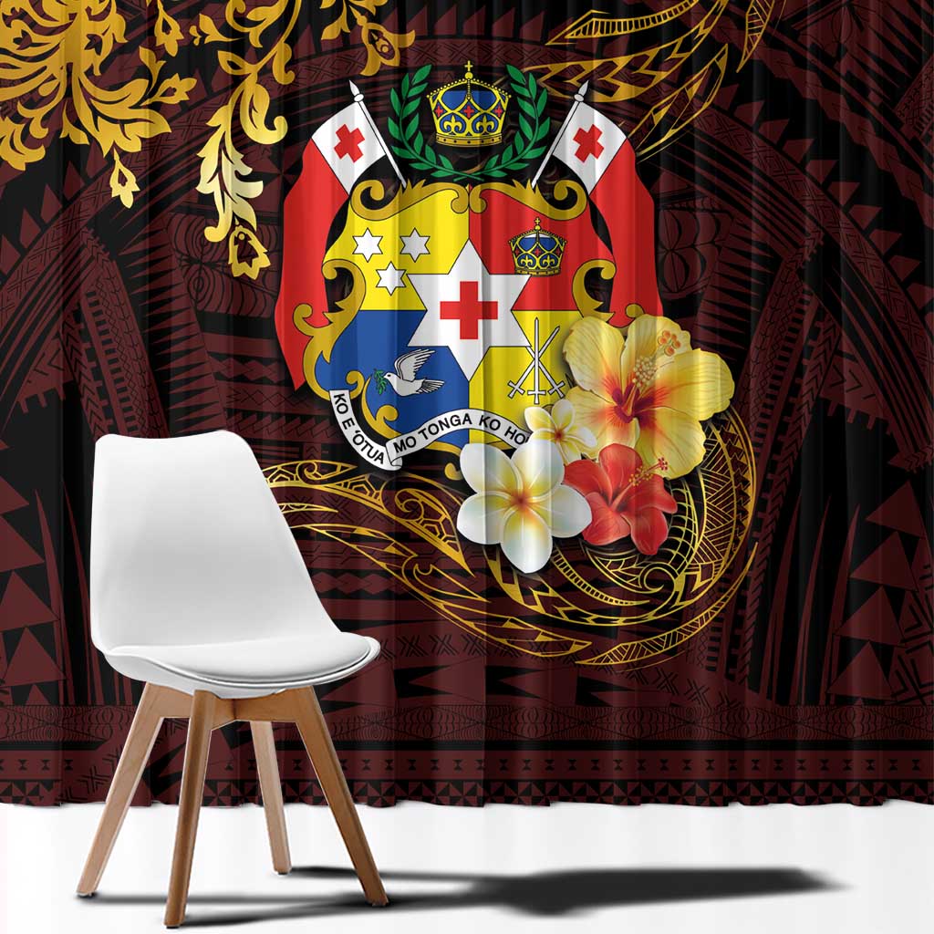 Tonga Ngatu and Hibiscus with Polynesian Tattoo Window Curtain Gold and Oxblood Color LT03 - Polynesian Pride
