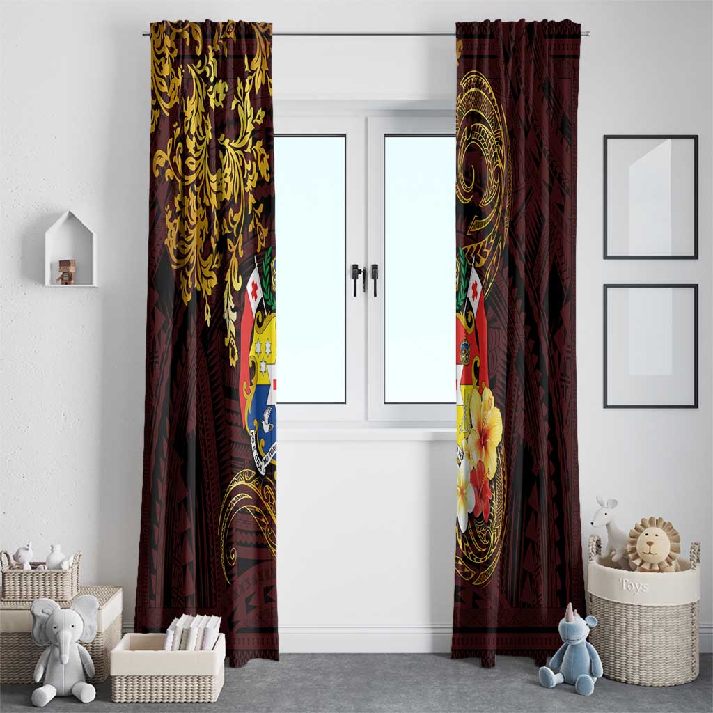 Tonga Ngatu and Hibiscus with Polynesian Tattoo Window Curtain Gold and Oxblood Color LT03 - Polynesian Pride