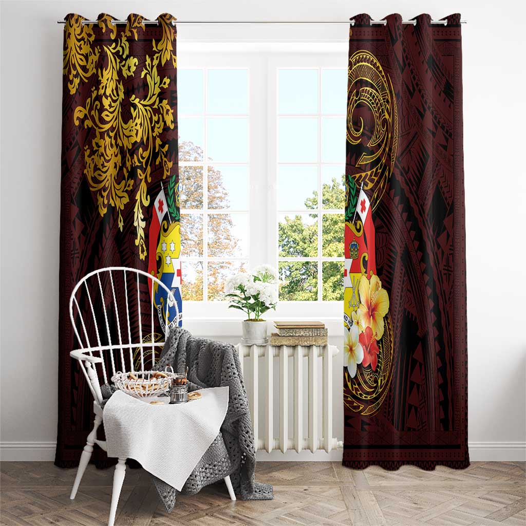 Tonga Ngatu and Hibiscus with Polynesian Tattoo Window Curtain Gold and Oxblood Color LT03 - Polynesian Pride