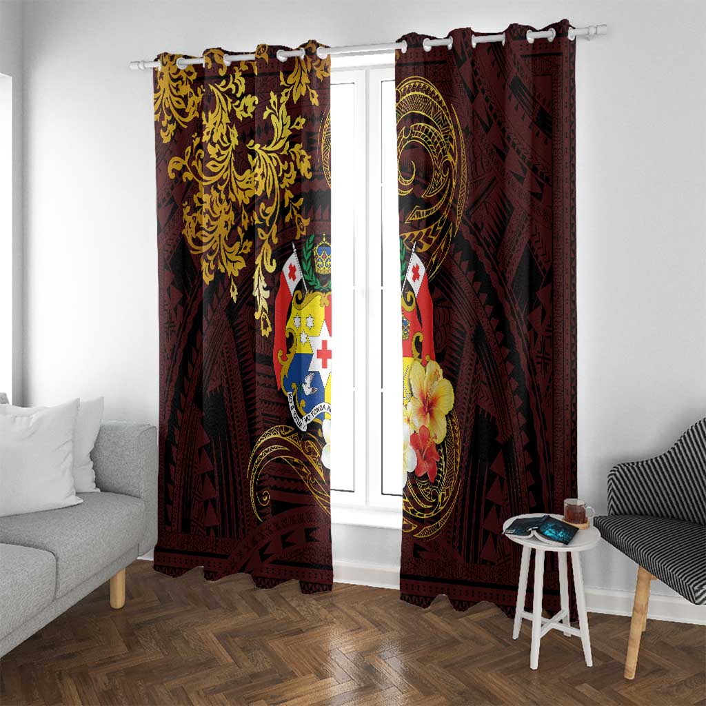 Tonga Ngatu and Hibiscus with Polynesian Tattoo Window Curtain Gold and Oxblood Color LT03 With Grommets Oxblood - Polynesian Pride