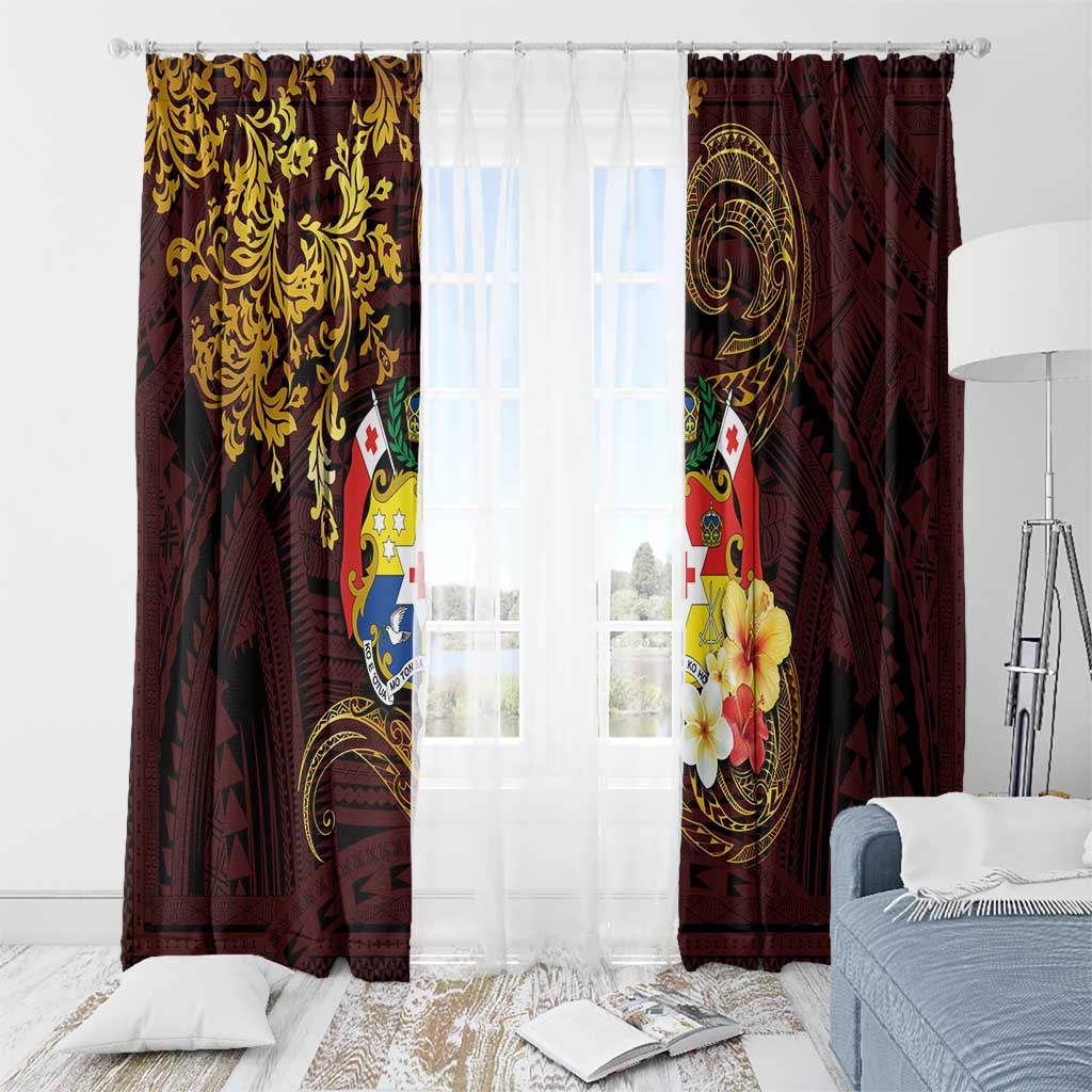 Tonga Ngatu and Hibiscus with Polynesian Tattoo Window Curtain Gold and Oxblood Color LT03 - Polynesian Pride