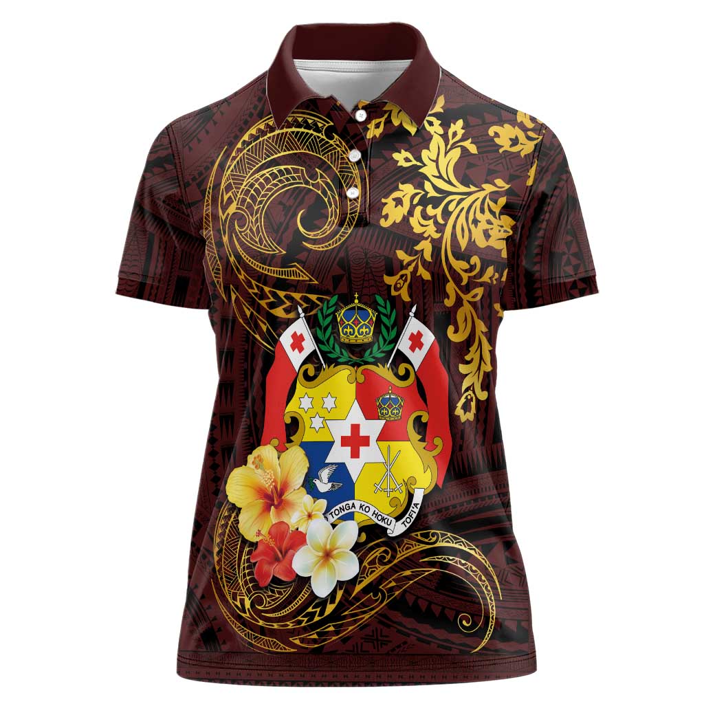 Tonga Ngatu and Hibiscus with Polynesian Tattoo Women Polo Shirt Gold and Oxblood Color