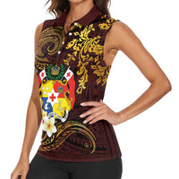 Tonga Ngatu and Hibiscus with Polynesian Tattoo Women Sleeveless Polo Shirt Gold and Oxblood Color