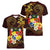 Tonga Ngatu and Hibiscus with Polynesian Tattoo Women V-Neck T-Shirt Gold and Oxblood Color