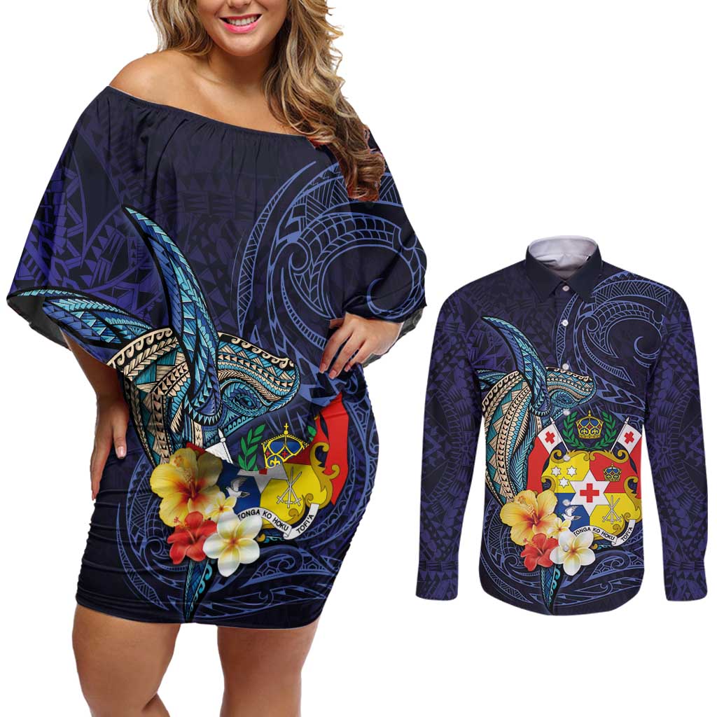 Tonga Vava'u Humpback Whale Blue Water Couples Matching Off Shoulder Short Dress and Long Sleeve Button Shirt Polynesian Hibiscus Flowers