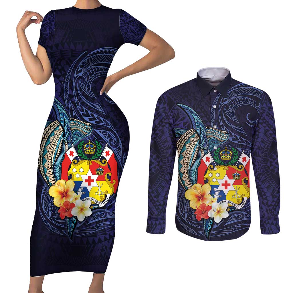 Tonga Vava'u Humpback Whale Blue Water Couples Matching Short Sleeve Bodycon Dress and Long Sleeve Button Shirt Polynesian Hibiscus Flowers