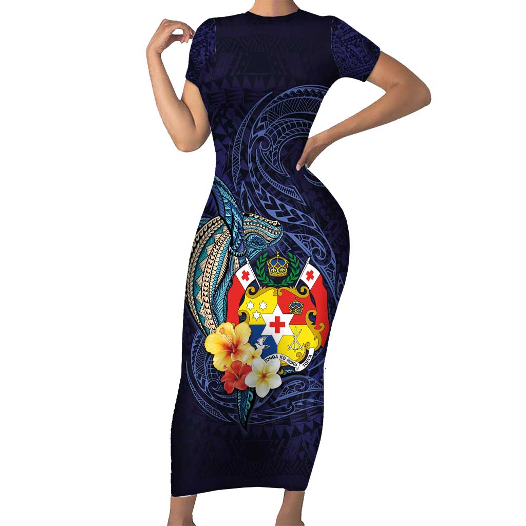 Tonga Vava'u Humpback Whale Blue Water Short Sleeve Bodycon Dress Polynesian Hibiscus Flowers