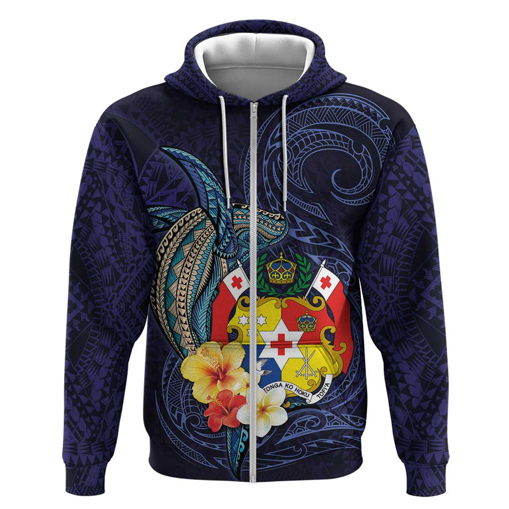 Tonga Vava'u Humpback Whale Blue Water Zip Hoodie Polynesian Hibiscus Flowers