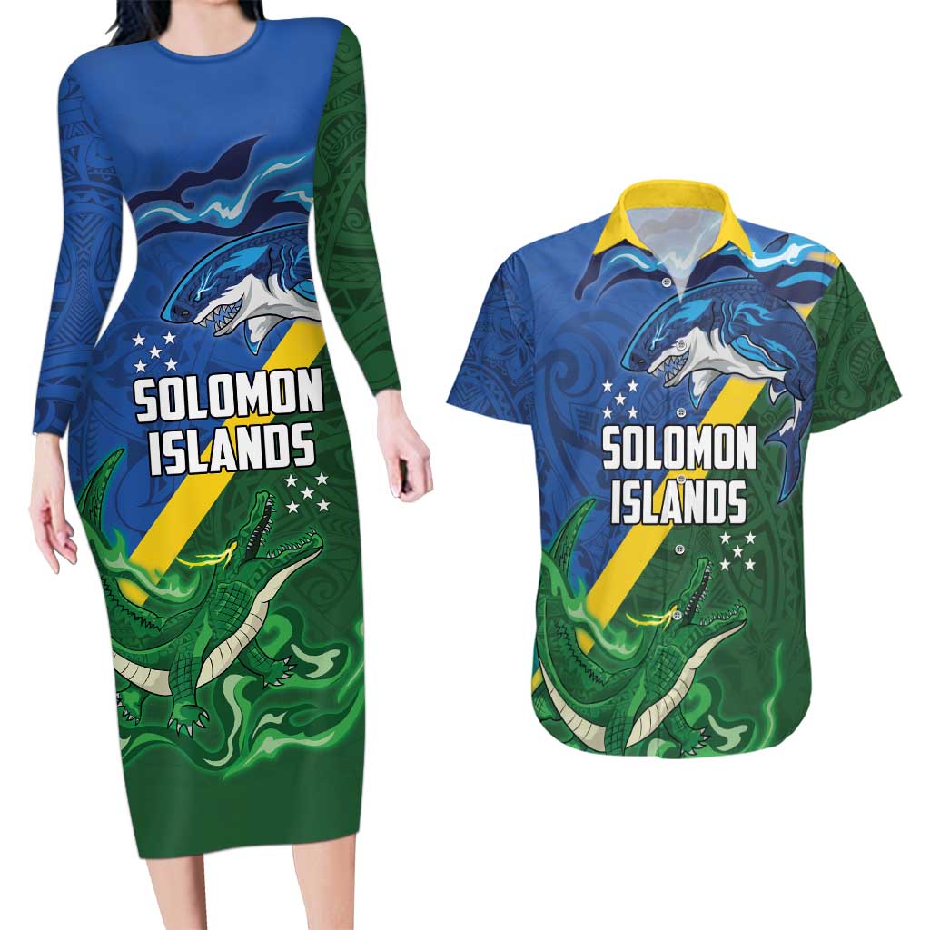 Solomon Islands Polynesian Tribal Shark and Crocodile Couples Matching Long Sleeve Bodycon Dress and Hawaiian Shirt