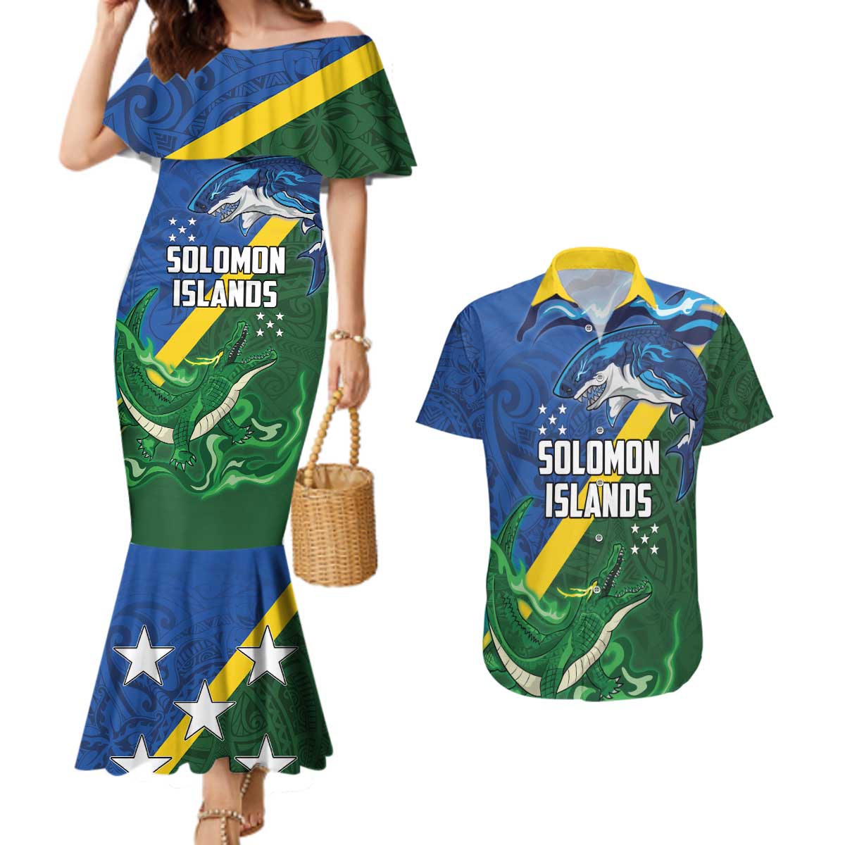 Solomon Islands Polynesian Tribal Shark and Crocodile Couples Matching Mermaid Dress and Hawaiian Shirt