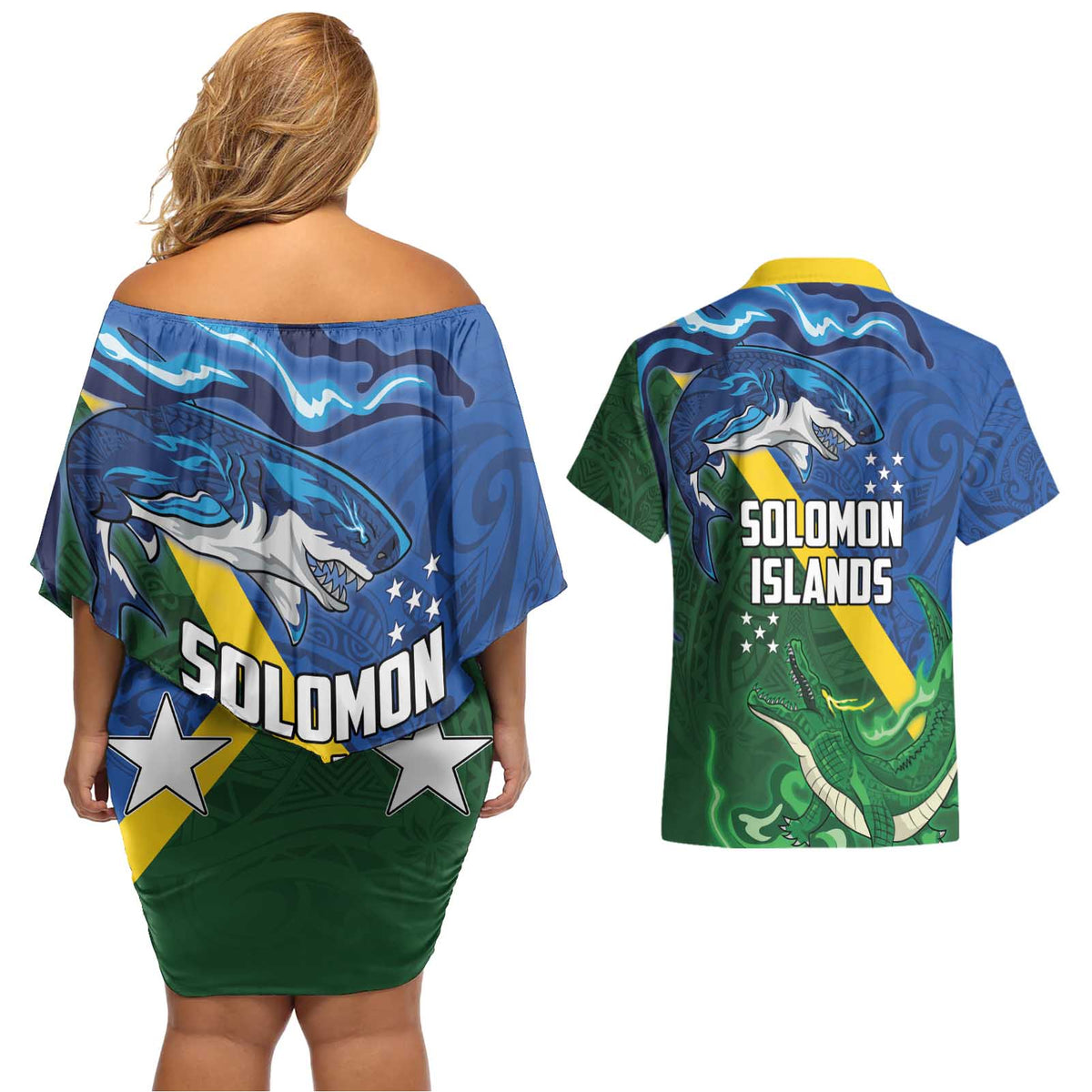 Solomon Islands Polynesian Tribal Shark and Crocodile Couples Matching Off Shoulder Short Dress and Hawaiian Shirt