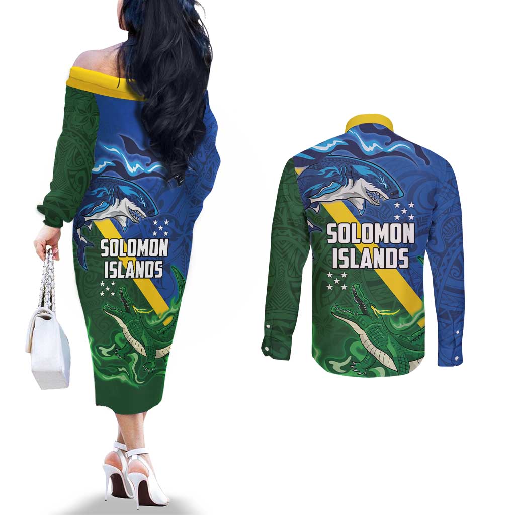 Solomon Islands Polynesian Tribal Shark and Crocodile Couples Matching Off The Shoulder Long Sleeve Dress and Long Sleeve Button Shirt