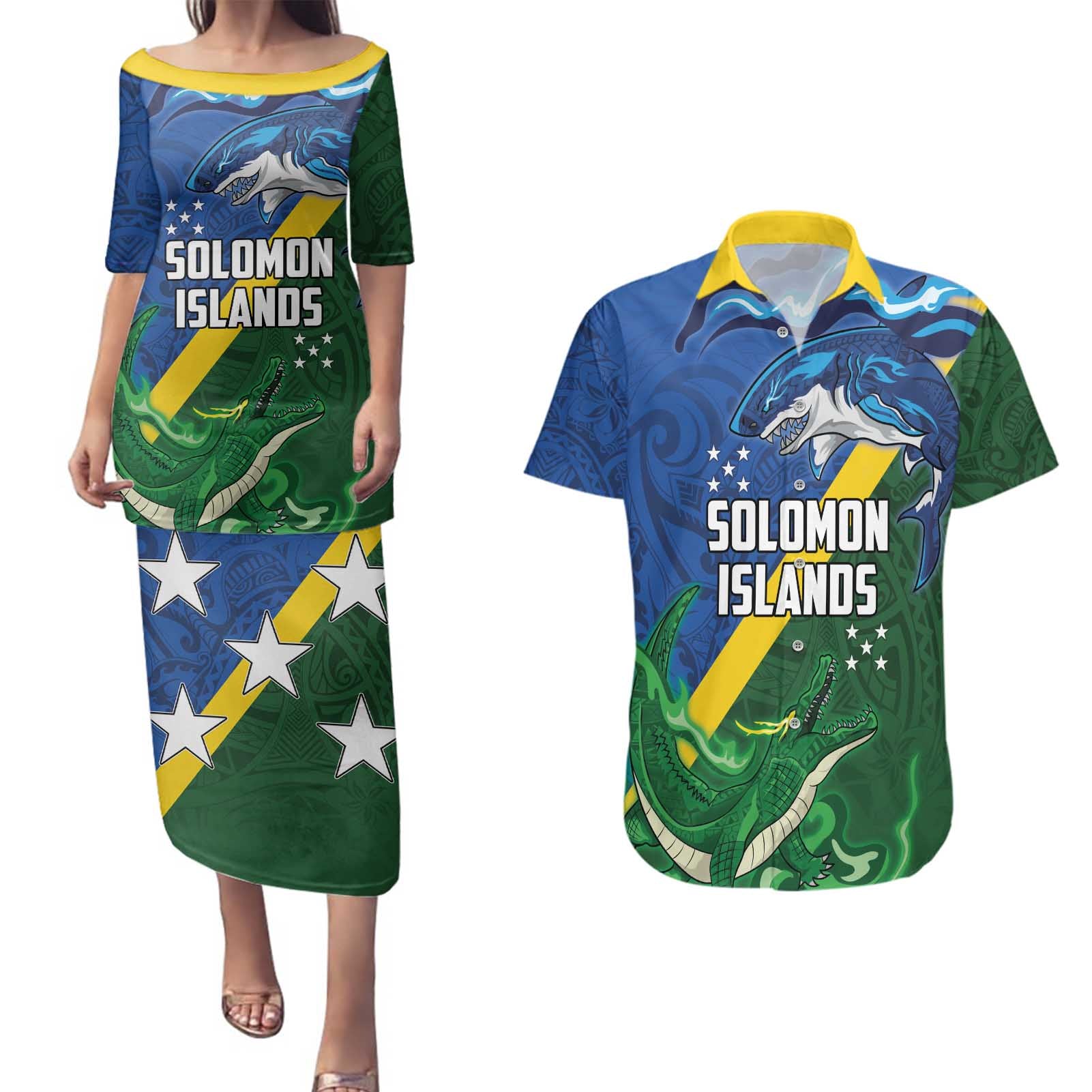 Solomon Islands Polynesian Tribal Shark and Crocodile Couples Matching Puletasi and Hawaiian Shirt