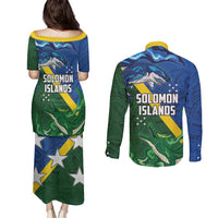Solomon Islands Polynesian Tribal Shark and Crocodile Couples Matching Puletasi and Long Sleeve Button Shirt
