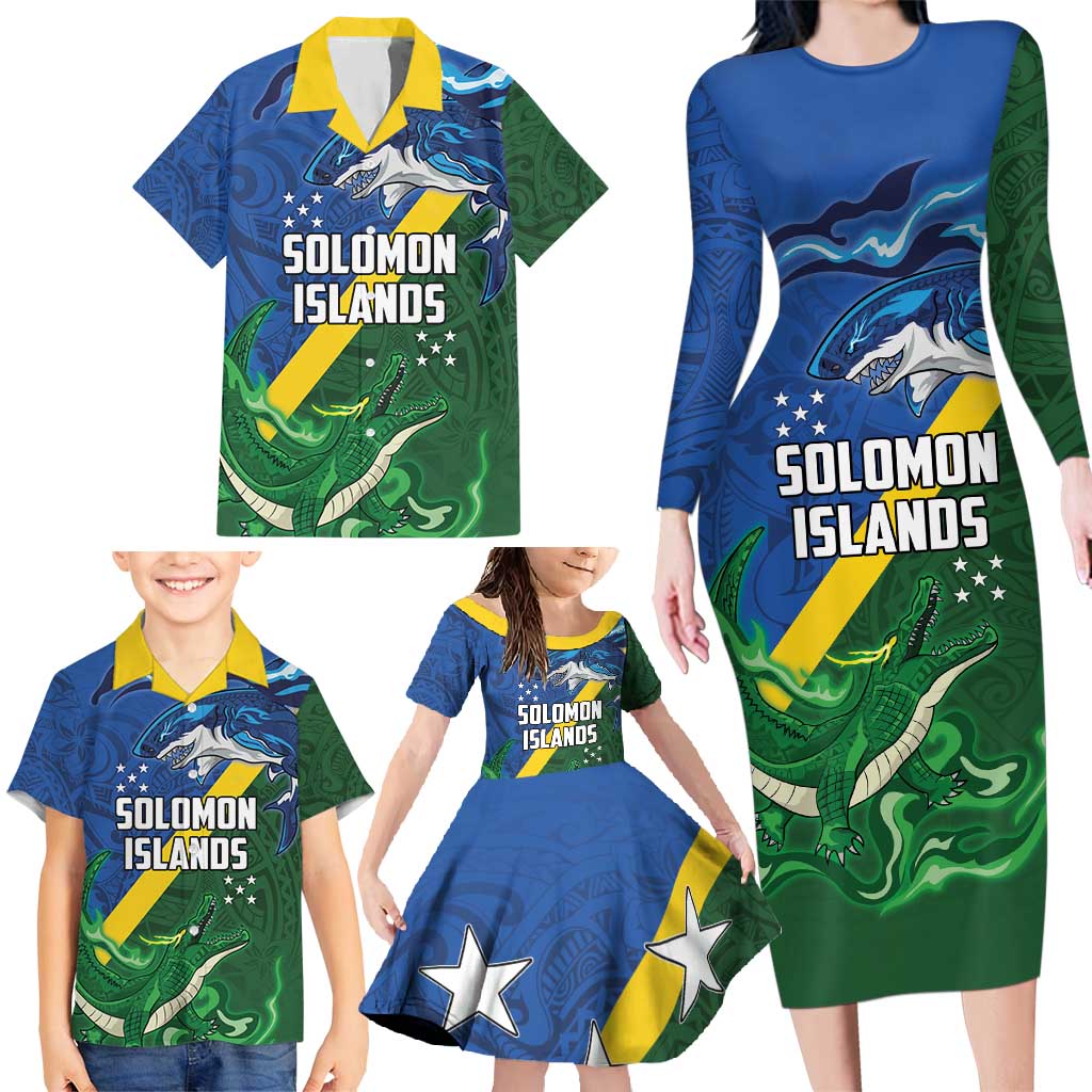 Solomon Islands Polynesian Tribal Shark and Crocodile Family Matching Long Sleeve Bodycon Dress and Hawaiian Shirt