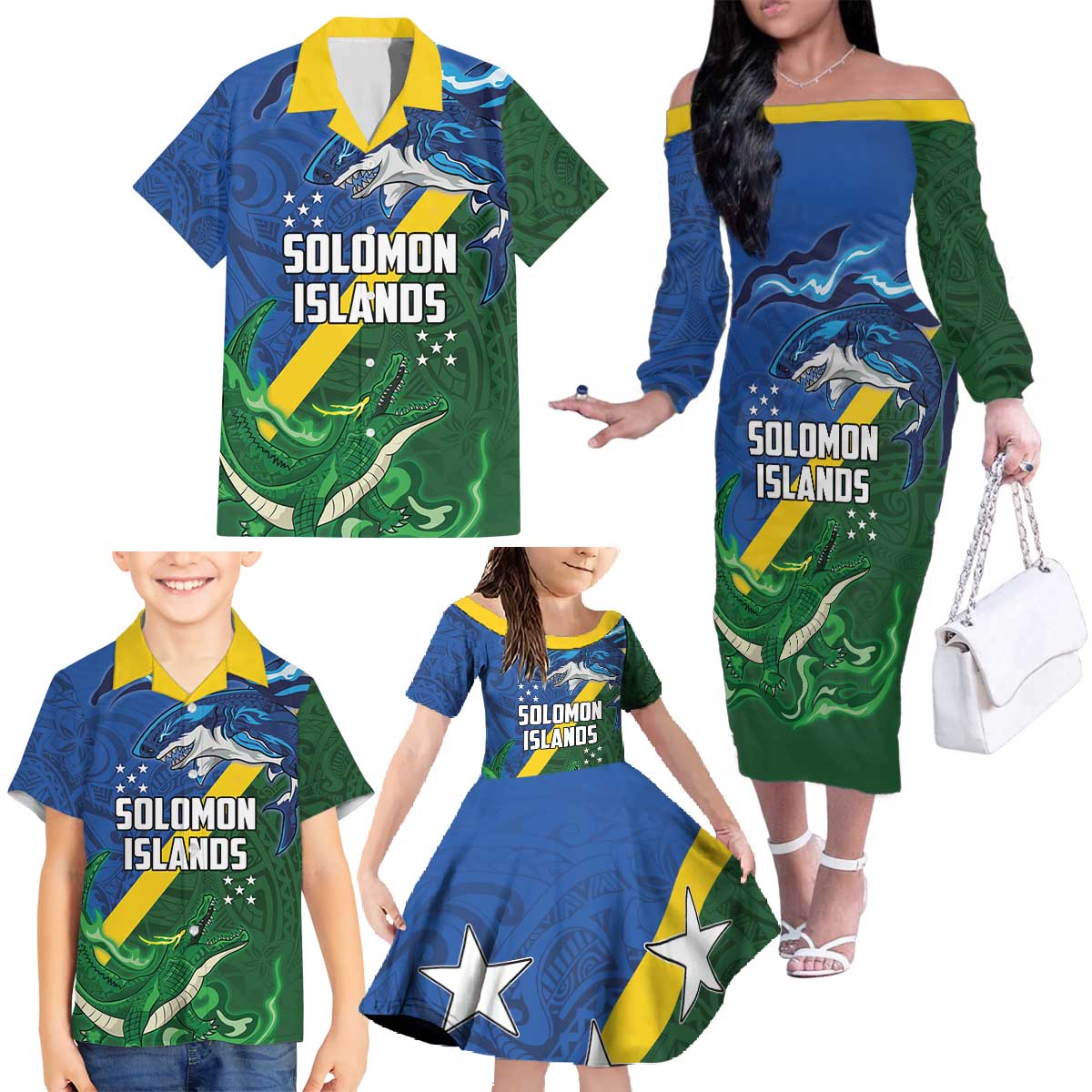 Solomon Islands Polynesian Tribal Shark and Crocodile Family Matching Off The Shoulder Long Sleeve Dress and Hawaiian Shirt