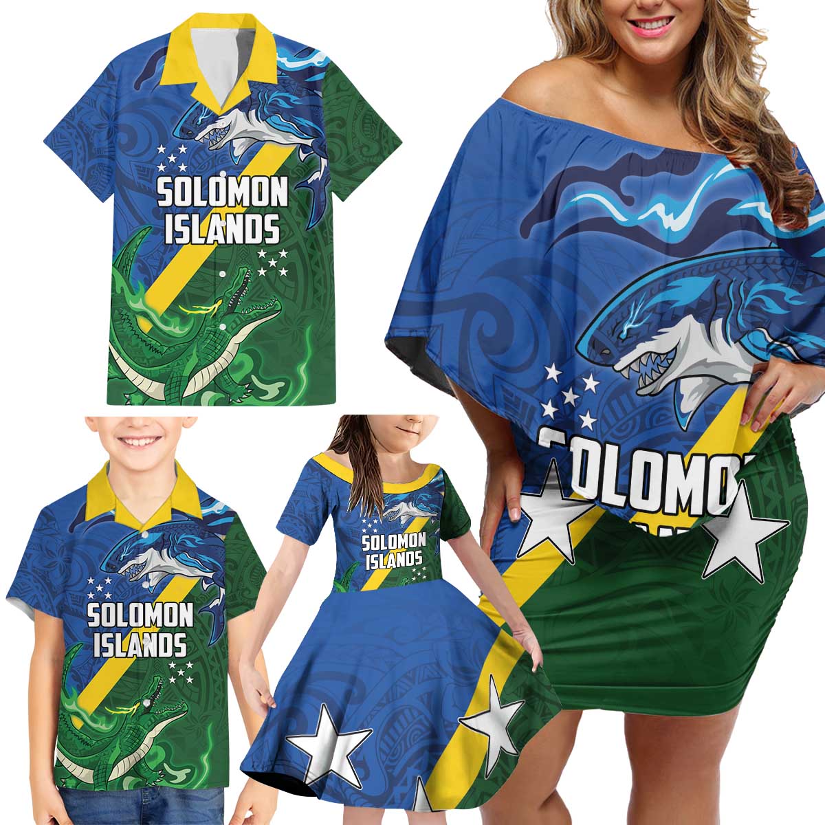 Solomon Islands Polynesian Tribal Shark and Crocodile Family Matching Off Shoulder Short Dress and Hawaiian Shirt