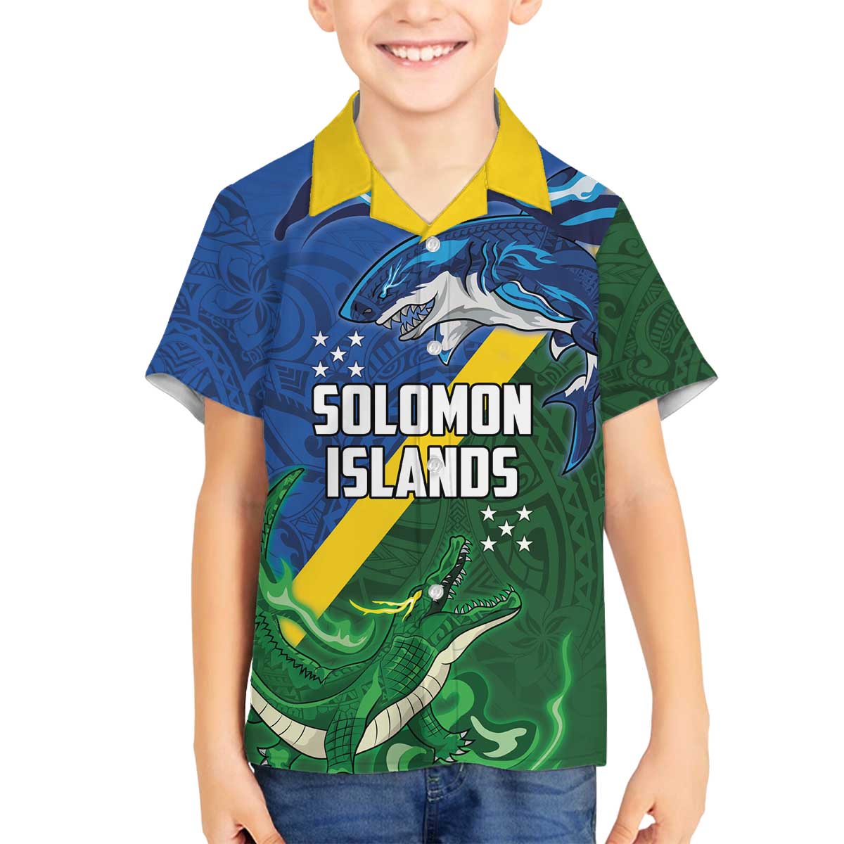 Solomon Islands Polynesian Tribal Shark and Crocodile Family Matching Off Shoulder Short Dress and Hawaiian Shirt LT03 Son's Shirt Blue - Polynesian Pride