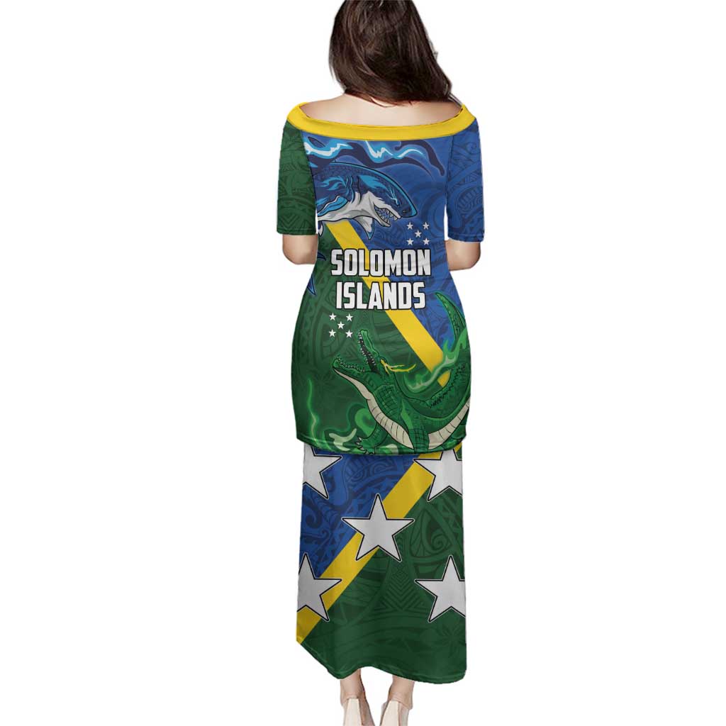 Solomon Islands Polynesian Tribal Shark and Crocodile Family Matching Puletasi and Hawaiian Shirt