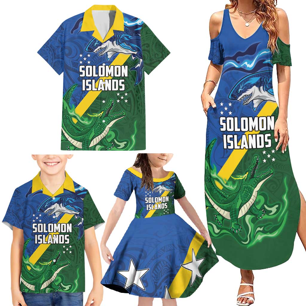 Solomon Islands Polynesian Tribal Shark and Crocodile Family Matching Summer Maxi Dress and Hawaiian Shirt