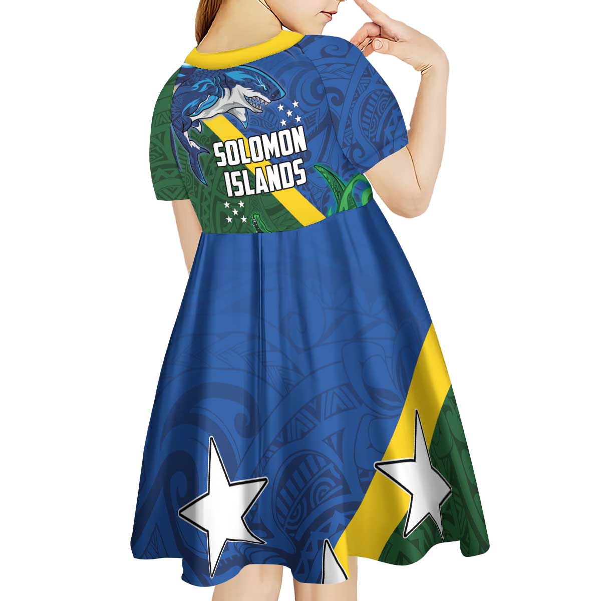 Solomon Islands Polynesian Tribal Shark and Crocodile Kid Short Sleeve Dress