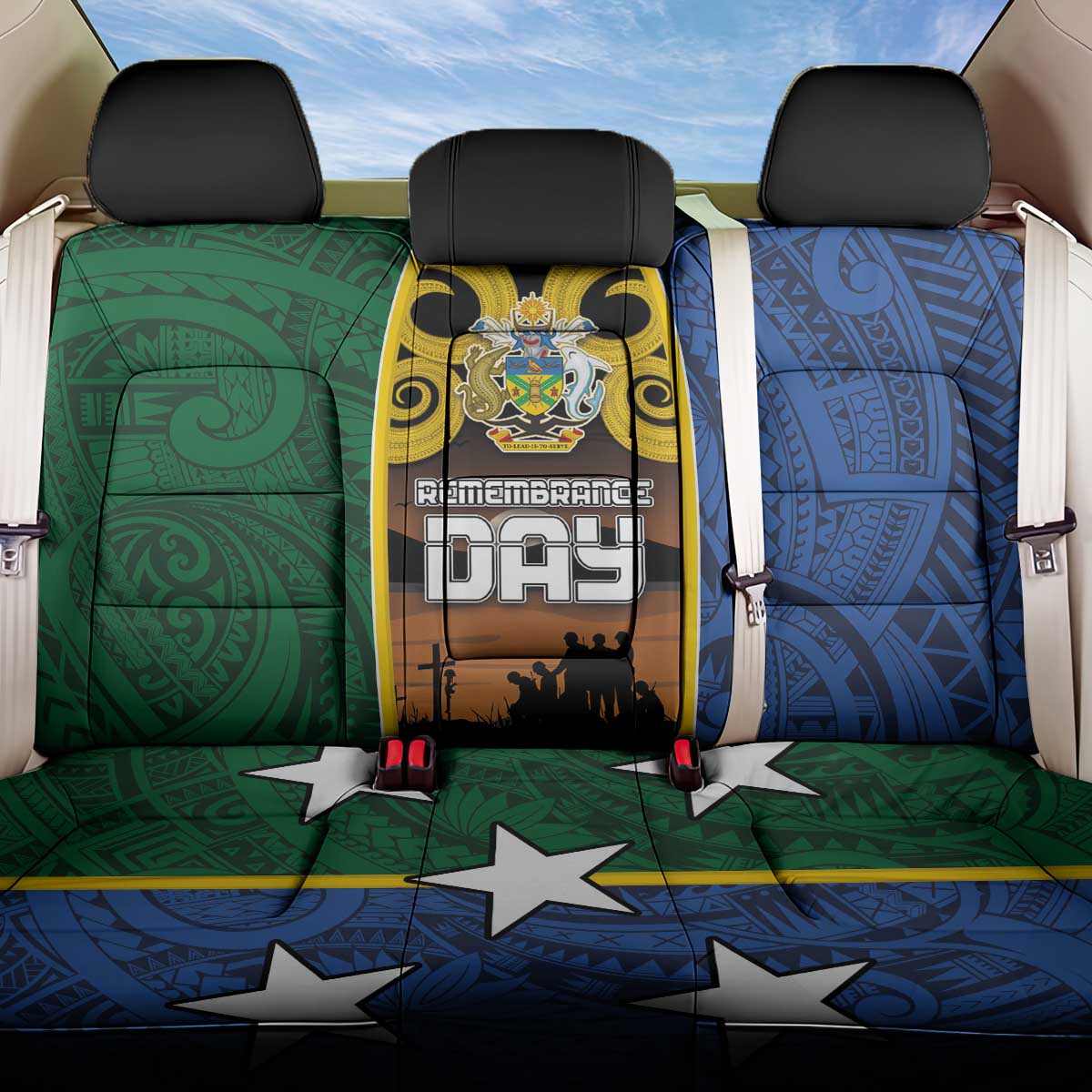 Solomon Islands Remembrance Day Back Car Seat Cover Lest We Forget and Polynesian Tattoo Pattern