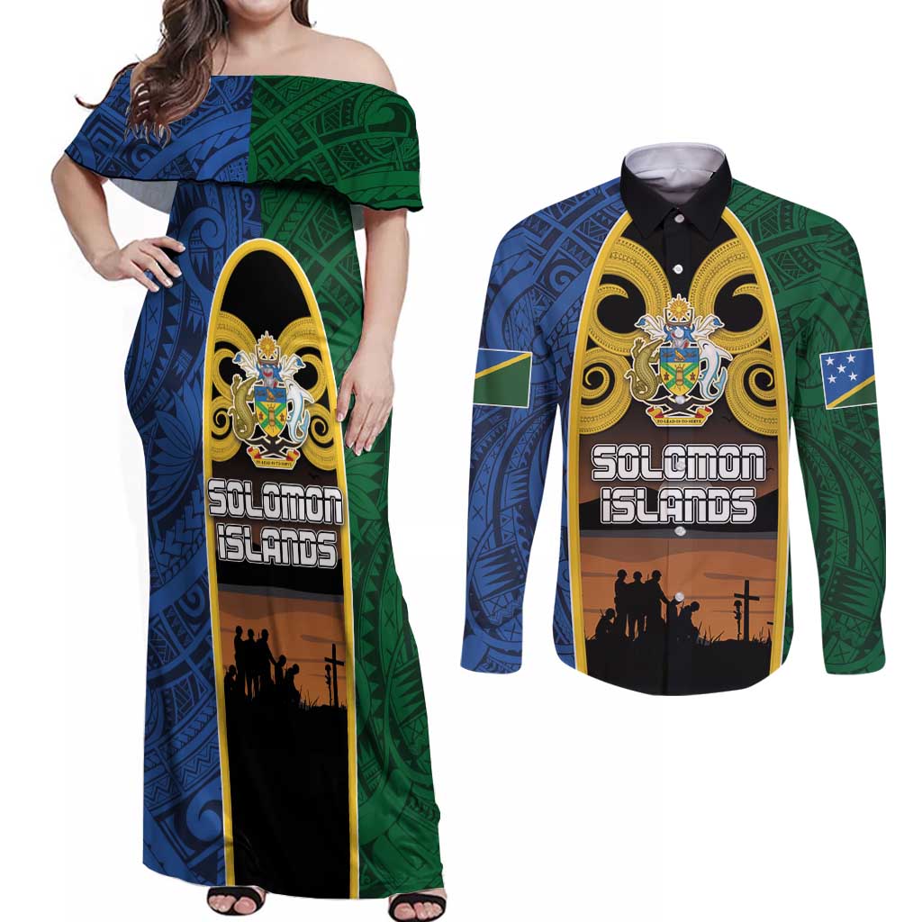 Solomon Islands Remembrance Day Couples Matching Off Shoulder Maxi Dress and Long Sleeve Button Shirt Lest We Forget and Polynesian Tattoo Pattern