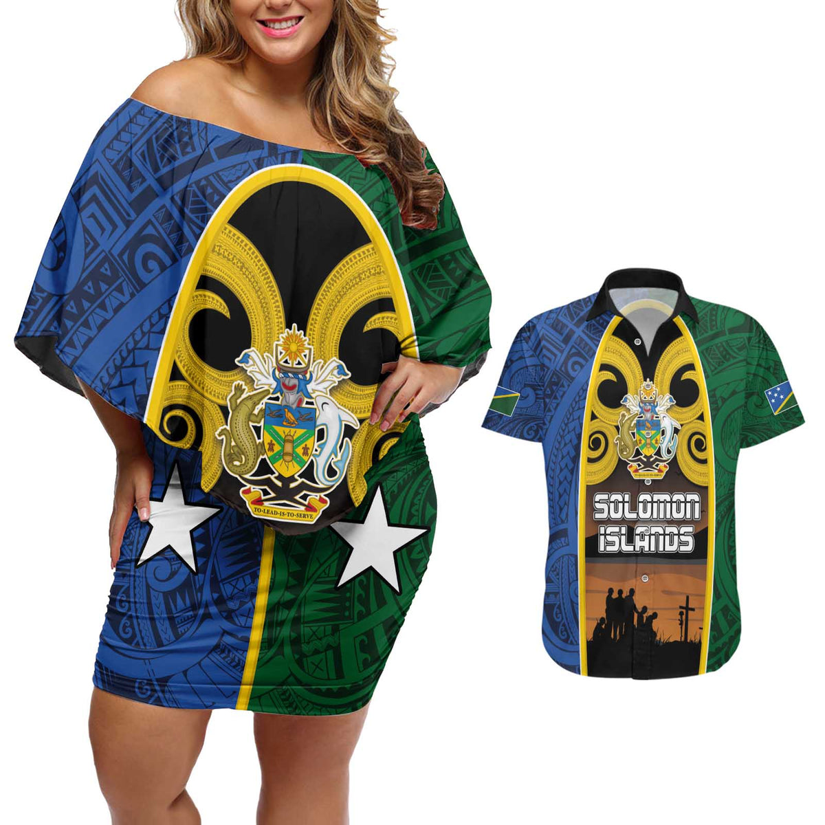 Solomon Islands Remembrance Day Couples Matching Off Shoulder Short Dress and Hawaiian Shirt Lest We Forget and Polynesian Tattoo Pattern LT03 Black - Polynesian Pride
