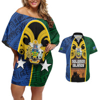 Solomon Islands Remembrance Day Couples Matching Off Shoulder Short Dress and Hawaiian Shirt Lest We Forget and Polynesian Tattoo Pattern LT03 Black - Polynesian Pride