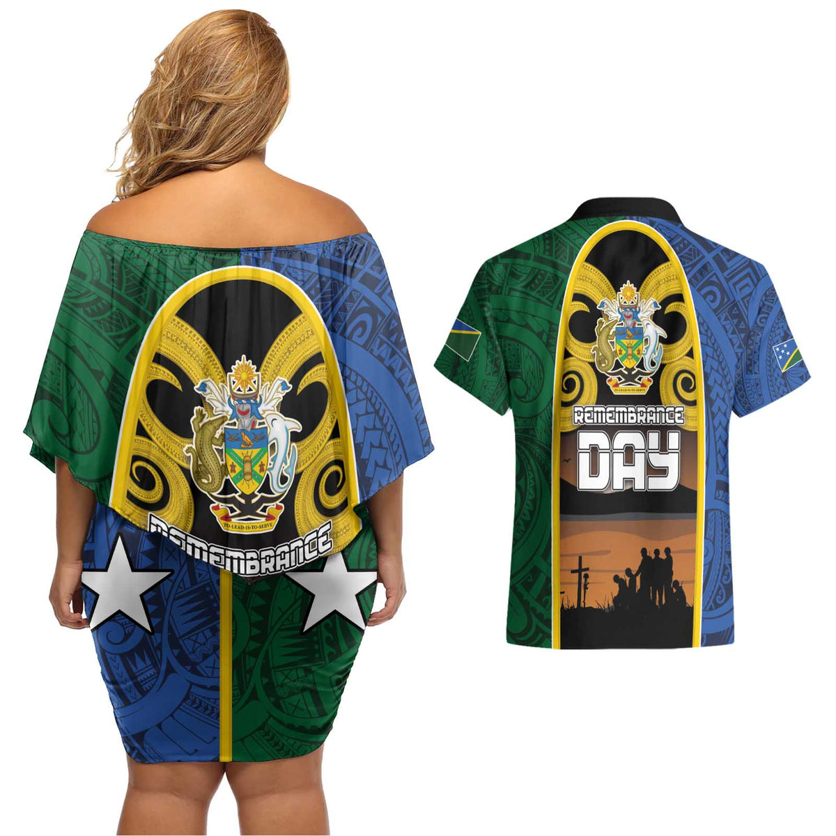 Solomon Islands Remembrance Day Couples Matching Off Shoulder Short Dress and Hawaiian Shirt Lest We Forget and Polynesian Tattoo Pattern LT03 - Polynesian Pride