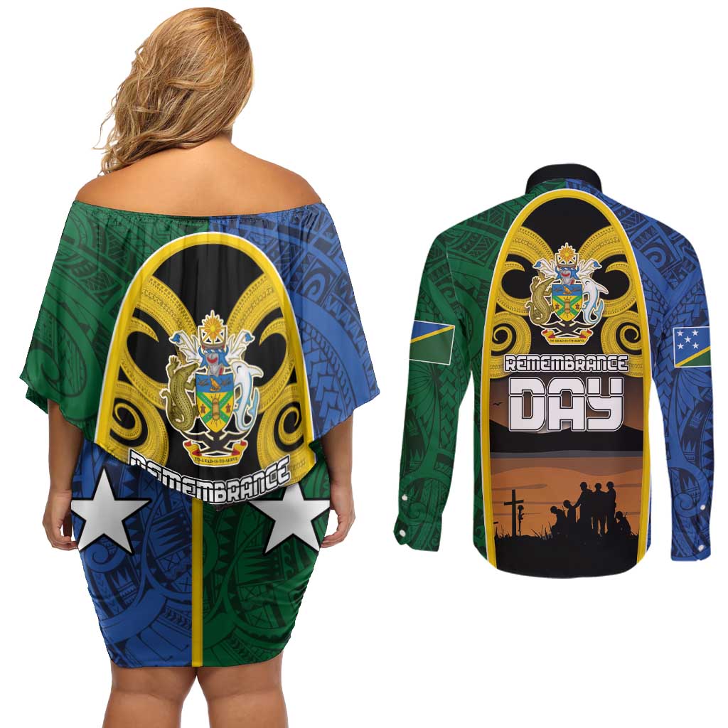 Solomon Islands Remembrance Day Couples Matching Off Shoulder Short Dress and Long Sleeve Button Shirt Lest We Forget and Polynesian Tattoo Pattern