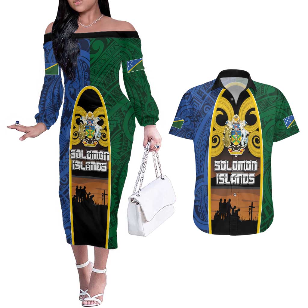 Solomon Islands Remembrance Day Couples Matching Off The Shoulder Long Sleeve Dress and Hawaiian Shirt Lest We Forget and Polynesian Tattoo Pattern