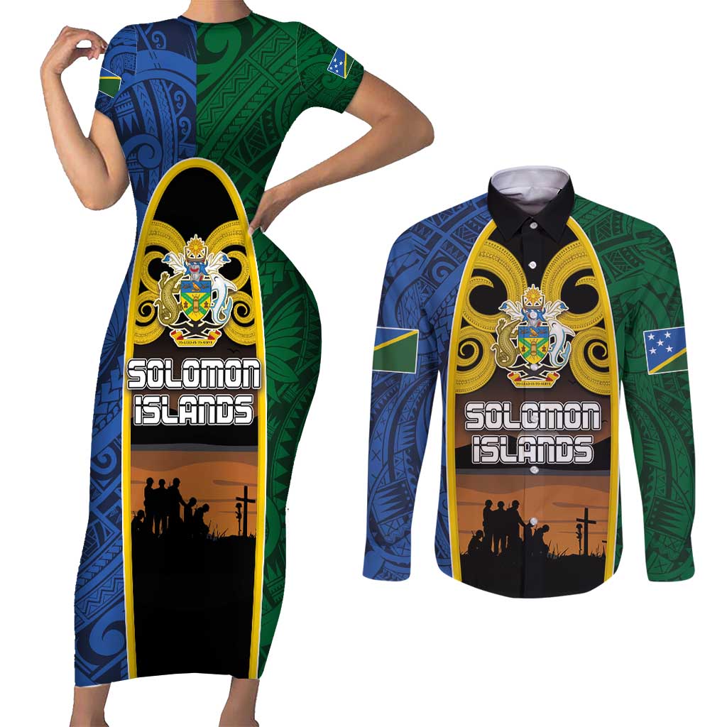 Solomon Islands Remembrance Day Couples Matching Short Sleeve Bodycon Dress and Long Sleeve Button Shirt Lest We Forget and Polynesian Tattoo Pattern