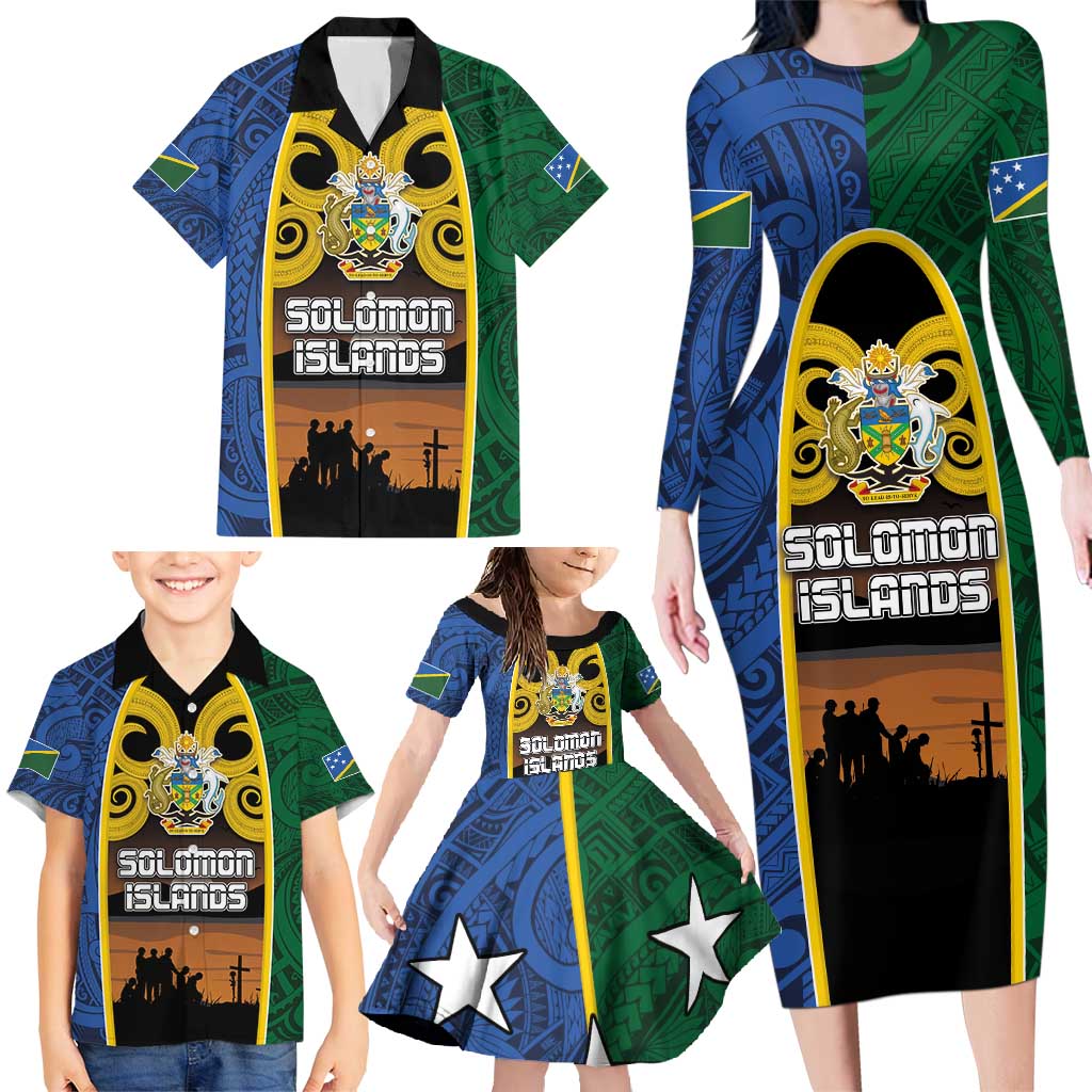 Solomon Islands Remembrance Day Family Matching Long Sleeve Bodycon Dress and Hawaiian Shirt Lest We Forget and Polynesian Tattoo Pattern