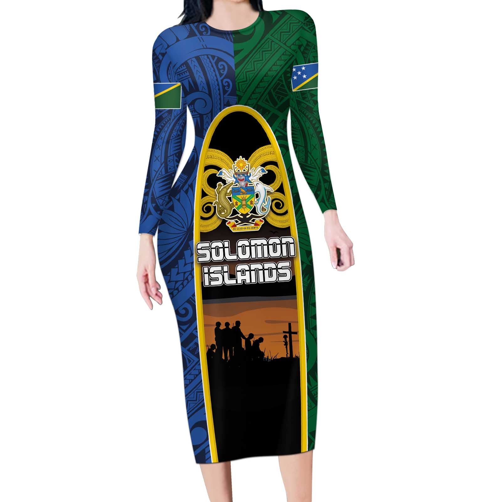 Solomon Islands Remembrance Day Long Sleeve Bodycon Dress Lest We Forget and Polynesian Tattoo Pattern