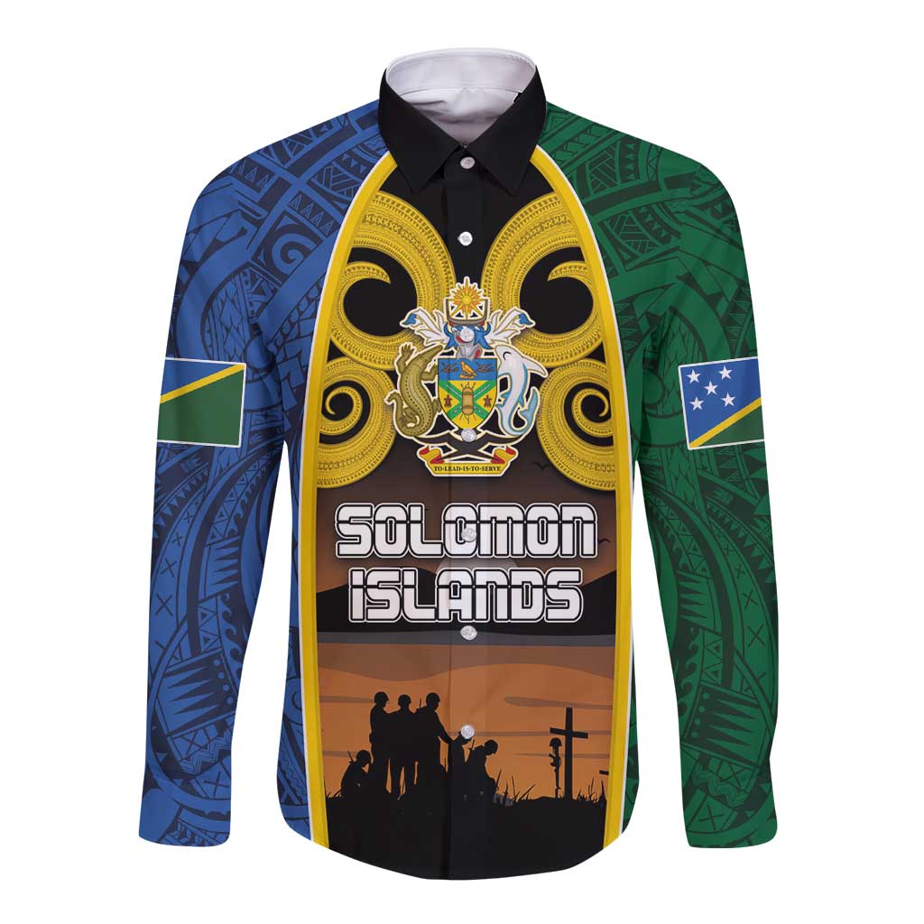 Solomon Islands Remembrance Day Long Sleeve Button Shirt Lest We Forget and Polynesian Tattoo Pattern