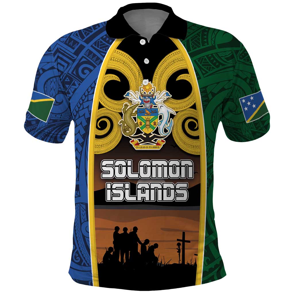 Solomon Islands Remembrance Day Polo Shirt Lest We Forget and Polynesian Tattoo Pattern