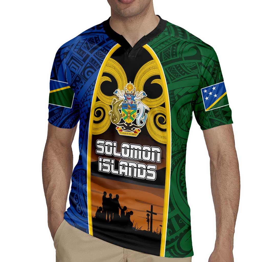 Solomon Islands Remembrance Day Rugby Jersey Lest We Forget and Polynesian Tattoo Pattern
