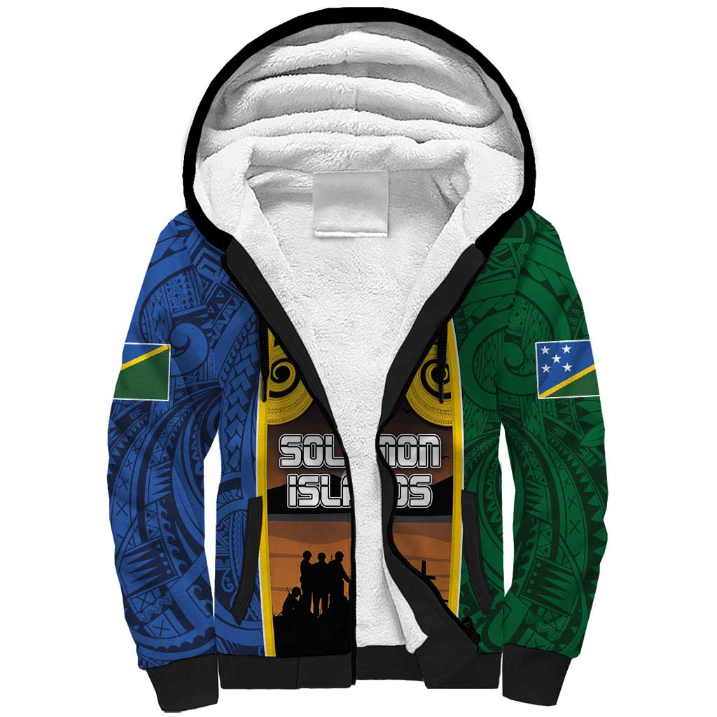 Solomon Islands Remembrance Day Sherpa Hoodie Lest We Forget and Polynesian Tattoo Pattern