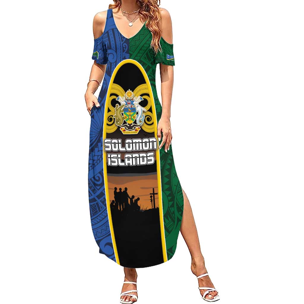 Solomon Islands Remembrance Day Summer Maxi Dress Lest We Forget and Polynesian Tattoo Pattern