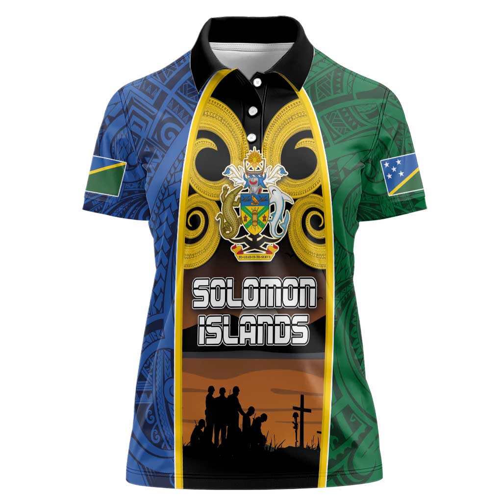 Solomon Islands Remembrance Day Women Polo Shirt Lest We Forget and Polynesian Tattoo Pattern