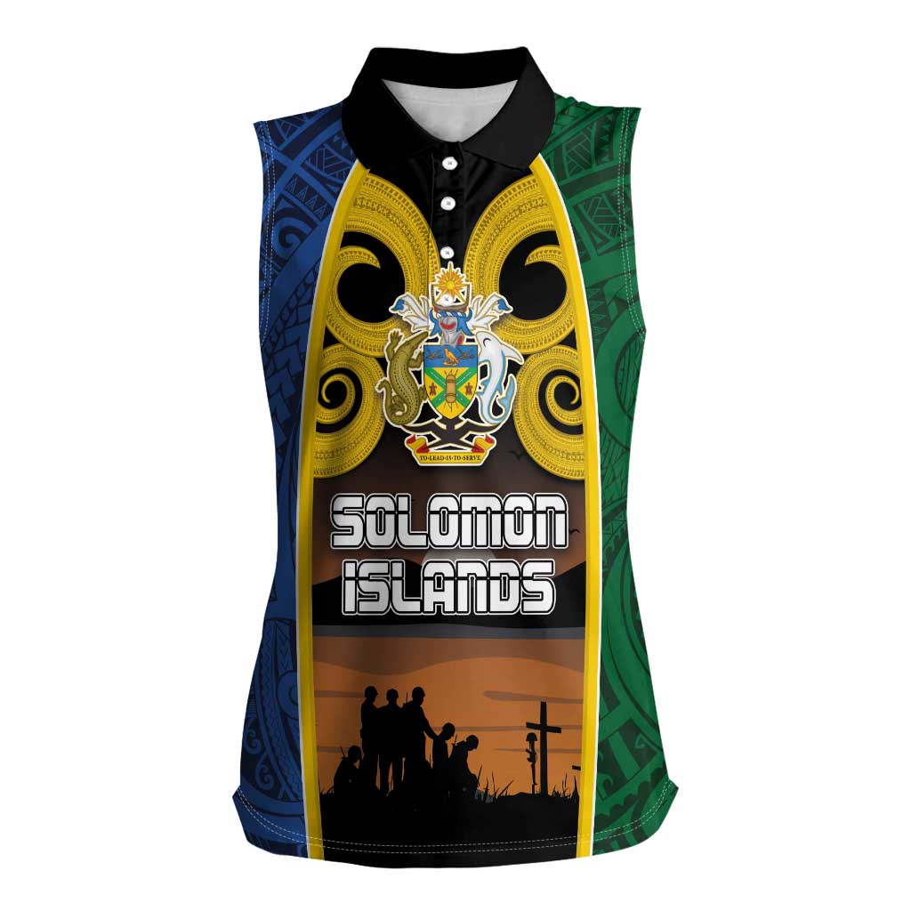 Solomon Islands Remembrance Day Women Sleeveless Polo Shirt Lest We Forget and Polynesian Tattoo Pattern