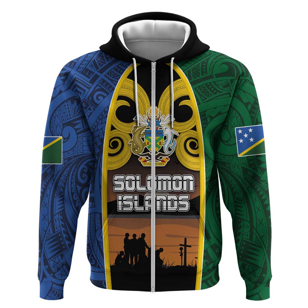 Solomon Islands Remembrance Day Zip Hoodie Lest We Forget and Polynesian Tattoo Pattern