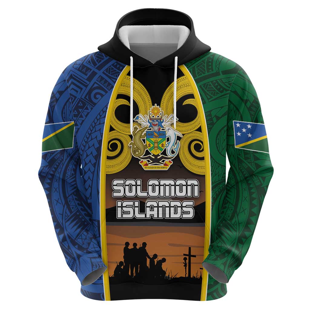 Solomon Islands Remembrance Day Zip Hoodie Lest We Forget and Polynesian Tattoo Pattern