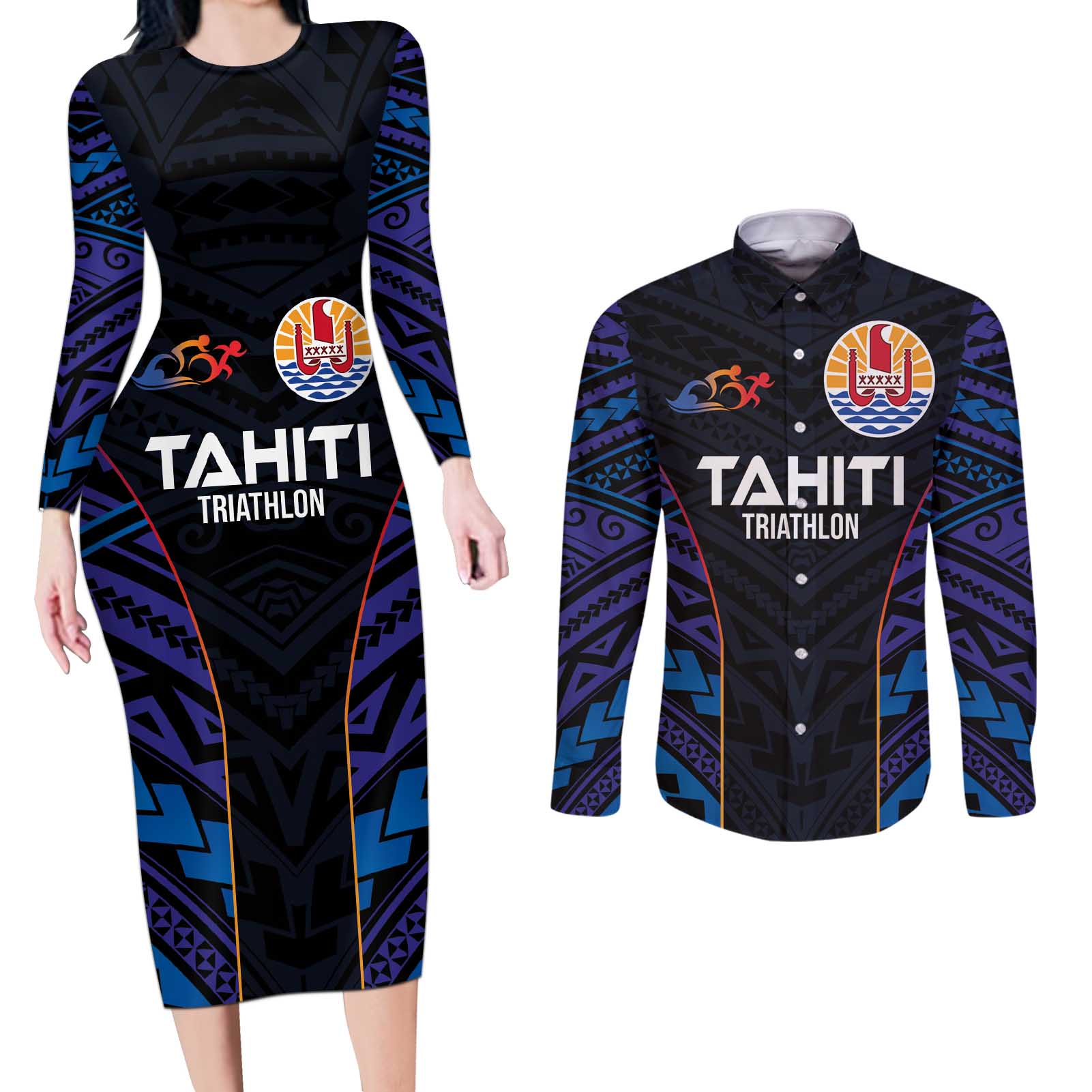 Personalised Tahiti Triathlon Polynesian Pattern Couples Matching Long Sleeve Bodycon Dress and Long Sleeve Button Shirt