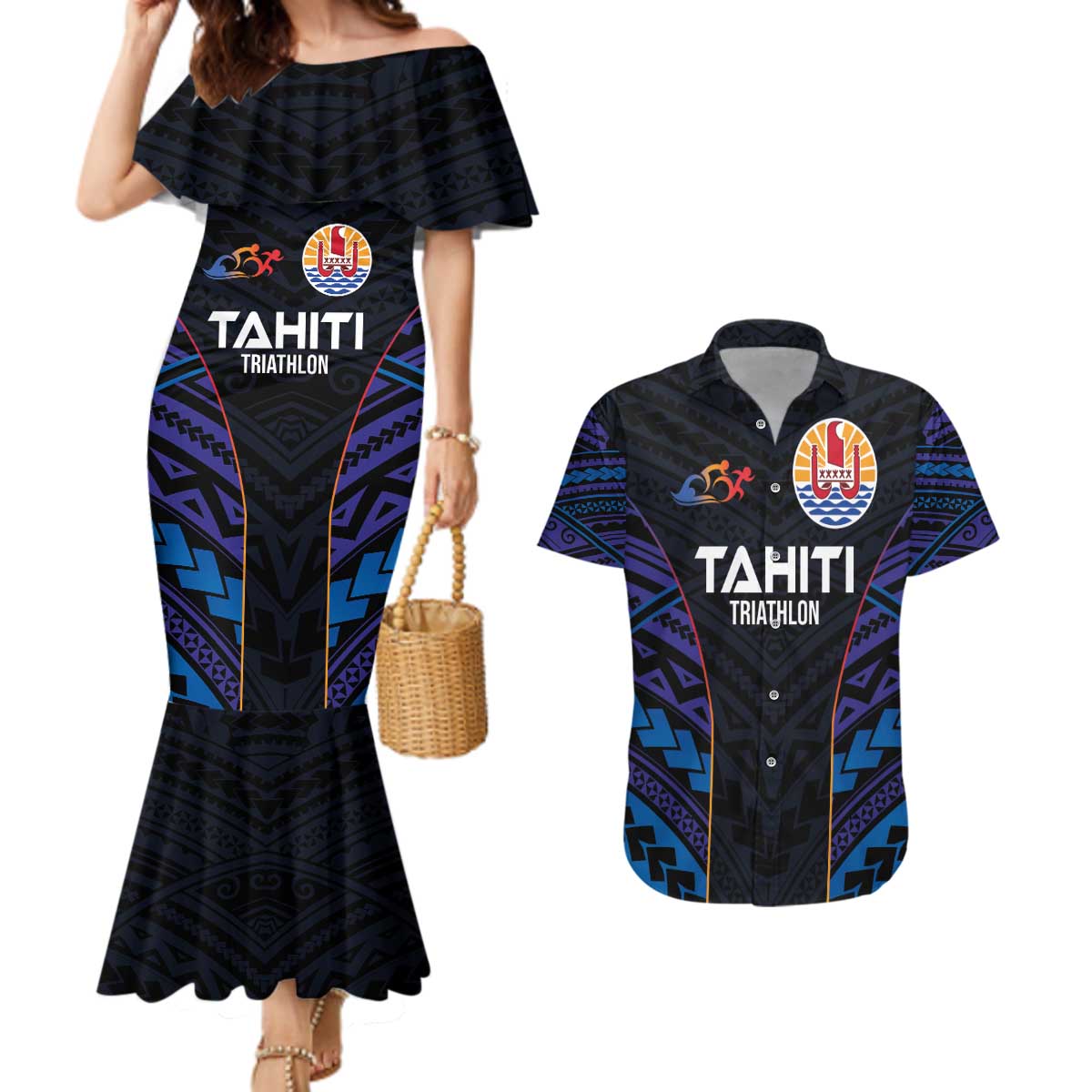 Personalised Tahiti Triathlon Polynesian Pattern Couples Matching Mermaid Dress and Hawaiian Shirt